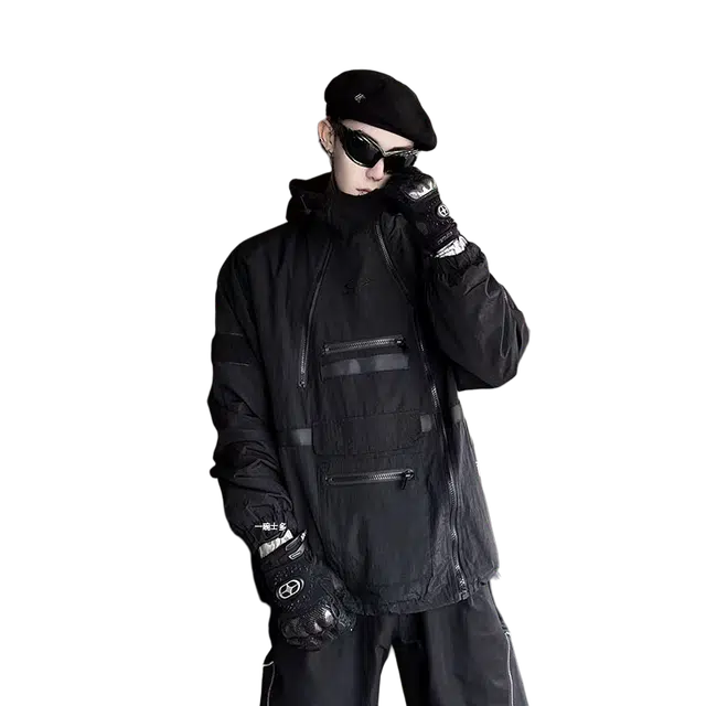 一碗士多 连帽多拉链大口袋设计纯色百搭户外日常登山韩系潮流痞帅机能风感小众重工实用夹克 男女同款