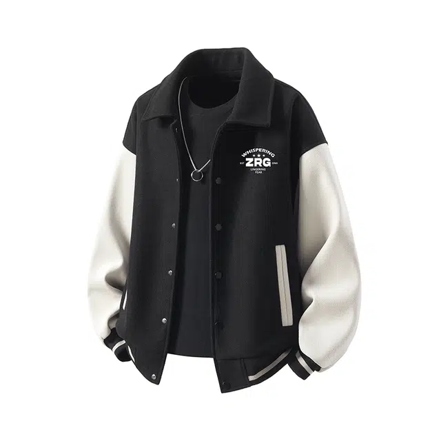 梓润格  美式复古翻领印花拼接基础简约时尚百搭情侣潮牌宽松夹克休闲长袖外套棒球服 男女同款