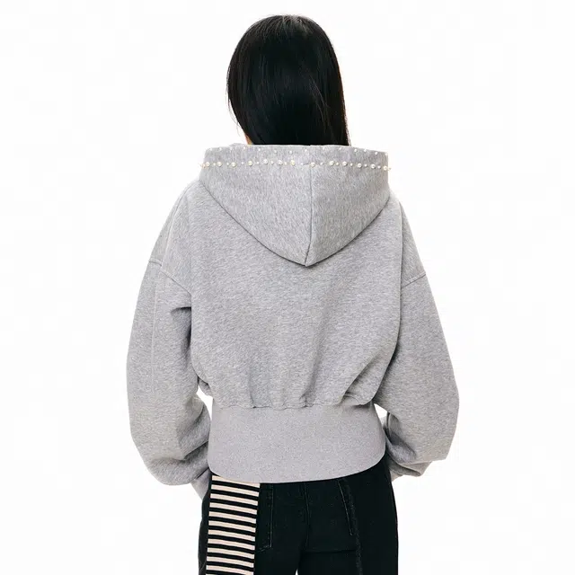 哒头下雨不愁 美式复古设计感宽松连帽珍珠钉珠开衫秋季百搭外套卫衣 女款