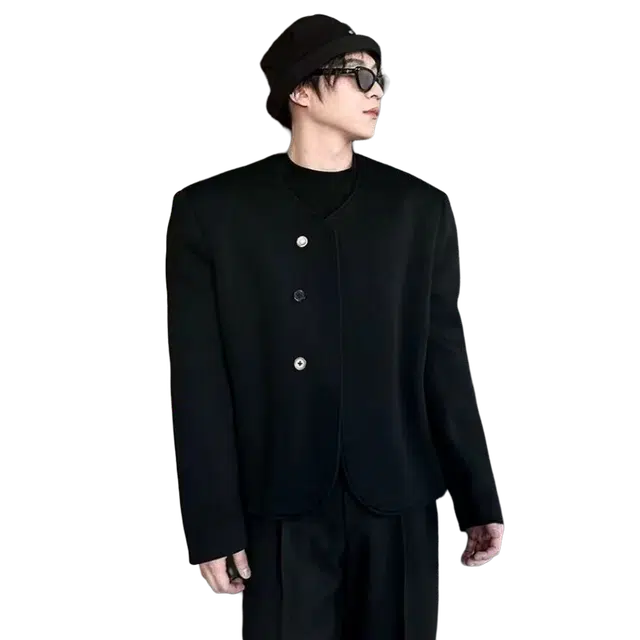 一碗士多 无领纯色三粒扣不规则垫肩暗黑风韩系设计感高级感简约山本风潮流百搭显瘦时尚冷淡系穿搭西装 男女同款