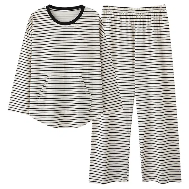俏霓桐 春秋款时尚条纹亲肤纯棉简约大口袋休闲百搭带胸垫长袖长裤家居服可外穿睡衣套装 女款
