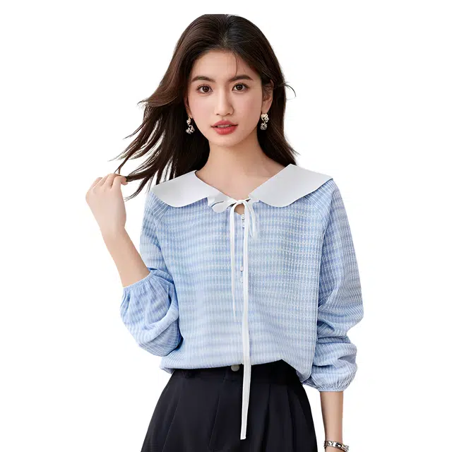 荟萃阁 百搭插肩袖宽松显瘦荷叶边法式格纹长袖衬衣衬衫 女款