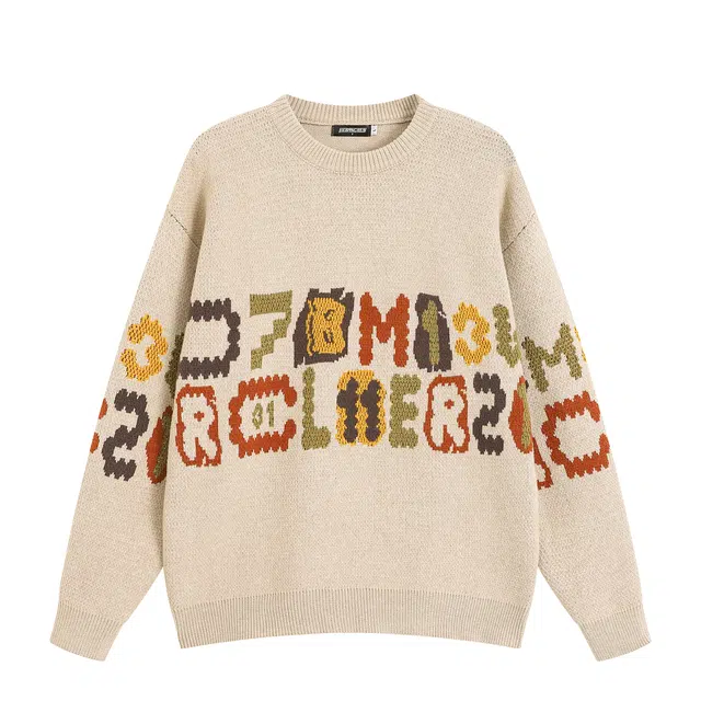 北欧攻略 高级感慵懒风撞色趣味字母提花软糯舒适亲肤圆领毛线衣套头外套外穿内搭打底衫长袖针织衫 男女同款