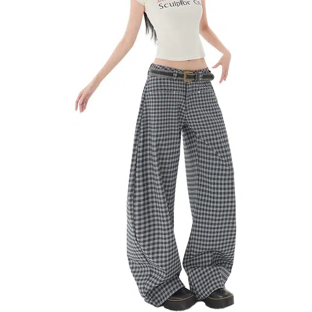 拾个壹先生 美式高街设计感格子裤女阔腿直筒休闲百搭牛仔裤 男女同款