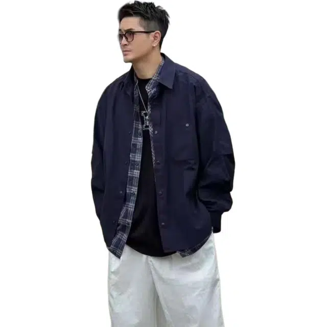 拓菲 假两件格子衬衫外套男秋春穿搭小众设计感休闲宽松长袖衬衣夹克 男女同款