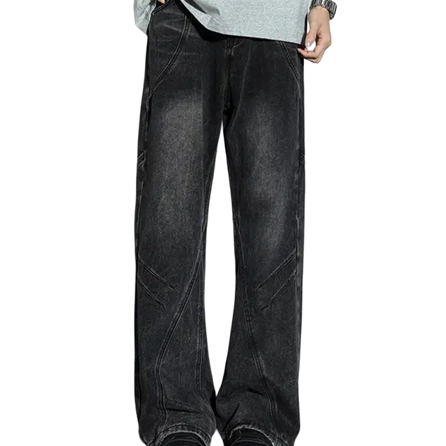 一碗士多 美式高街复古经典小众百搭宽松显高阔腿直筒裤子日常户外舒适通勤运动做旧水洗拼接设计个性时尚牛仔裤 男女同款