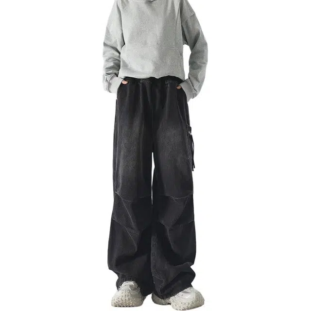 大格子与黑猫 裤子男潮流松紧腰男宽松直筒阔腿高街美式复古褶皱口袋设计牛仔裤 男款