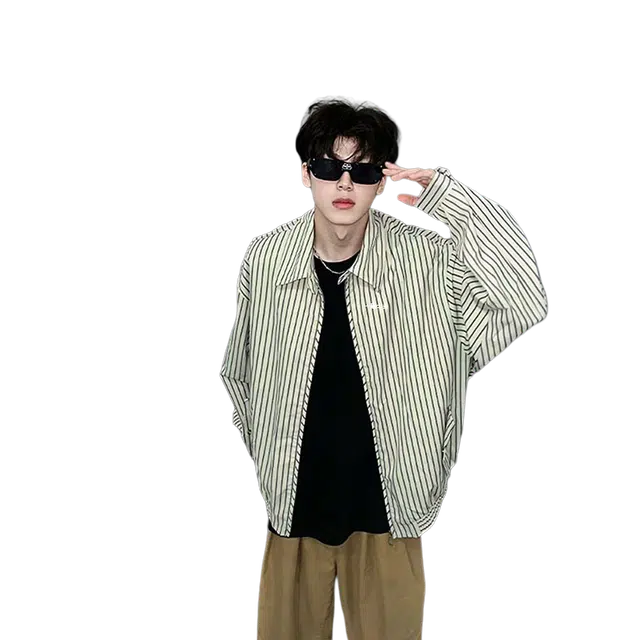 一碗士多 条纹翻领纽扣撞色潮流日系复古百搭日常休闲松弛感设计感穿搭宽松原宿风街头慵懒感通勤衬衫 男女同款