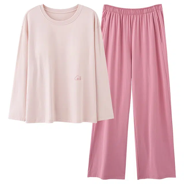 俏霓桐 春秋款简约纯色亲肤纯棉休闲甜美少女带胸垫长袖长裤家居服可外穿睡衣套装 女款