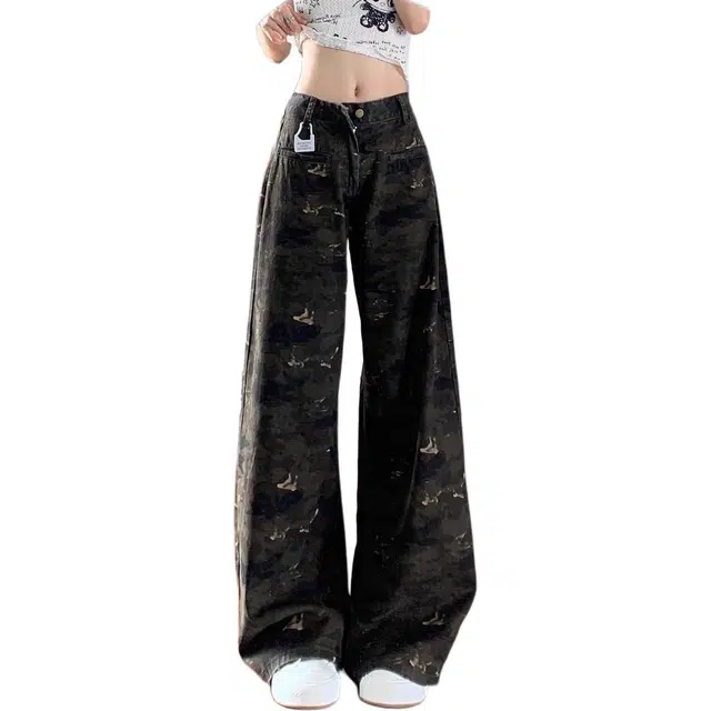 么宁 美式迷彩阔腿裤高腰设计感显高直筒拖地裤子牛仔裤 女款