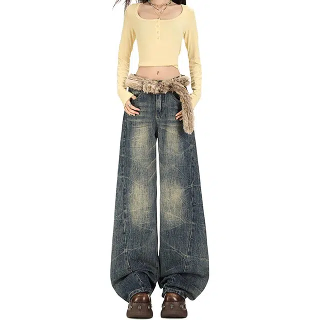 如续 秋冬扎染复古阔腿女宽松拖地直筒裤设计感做旧牛仔裤 女款