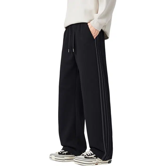 协协乐 条纹美式拼接针织卫裤复古做旧秋冬季设计感潮牌宽松直筒阔腿拖地裤百搭运动青少年长裤休闲裤 男款