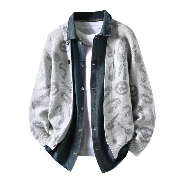 融合多风格的时尚百搭牛仔拼接针织上衣毛衣 男女同款