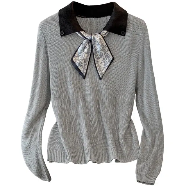 丝柏舍 短款撞色翻领宽松款休闲套头通勤简约正肩长袖针织衫 女款