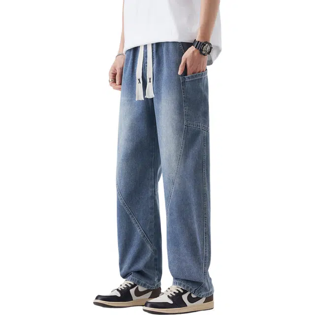 瑞梵帝斯 美式潮牌复古宽松阔腿版型不挑身材柔软顺滑面料超舒服简约设计百搭时尚不挑风格街头感经典做旧水洗牛仔裤 男款