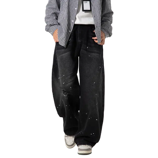 一碗士多 美式高街复古经典做旧泼墨日常小众百搭破洞设计宽松阔腿直筒垂感拖地个性时尚户外通勤牛仔裤 男女同款