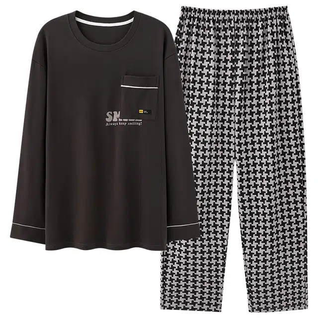 俏霓桐 春秋款时尚千鸟格纯棉亲肤简约休闲口袋百搭舒适长袖长裤家居服可外穿睡衣套装 男款