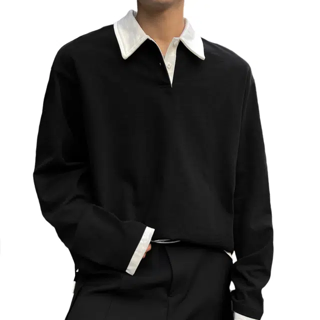 冈哉 假两件拼色衬衫领上衣美式潮流纯色简约基础款宽松亲肤舒适百搭日常通勤穿搭卫衣 男女同款