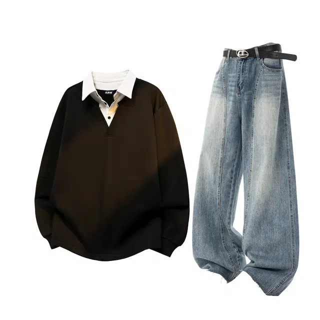 梓润格 舒适酷飒帅气户外运动炸街休闲百搭时尚潮流高级配色无性别主义假两件长袖美式阔腿裤复古蓝高街宽松设计弯刀裤卫衣套装 男女同款