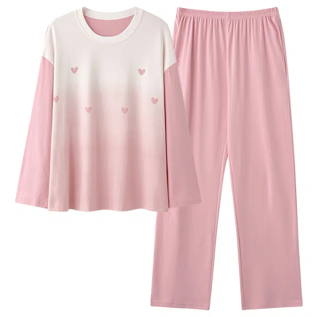 俏霓桐 春秋款渐变色甜美爱心纯棉亲肤休闲简约少女风带胸垫长袖长裤家居服可外穿睡衣套装 女款