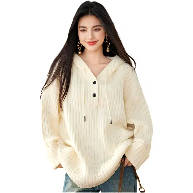 荟萃阁 通勤百搭坑条连帽宽松软糯慵懒内搭卫衣针织衫 女款