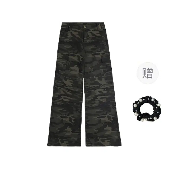 雾闪闪 美式复古迷彩多口袋工装微喇秋季高腰宽松显瘦阔腿裤女牛仔裤 女款