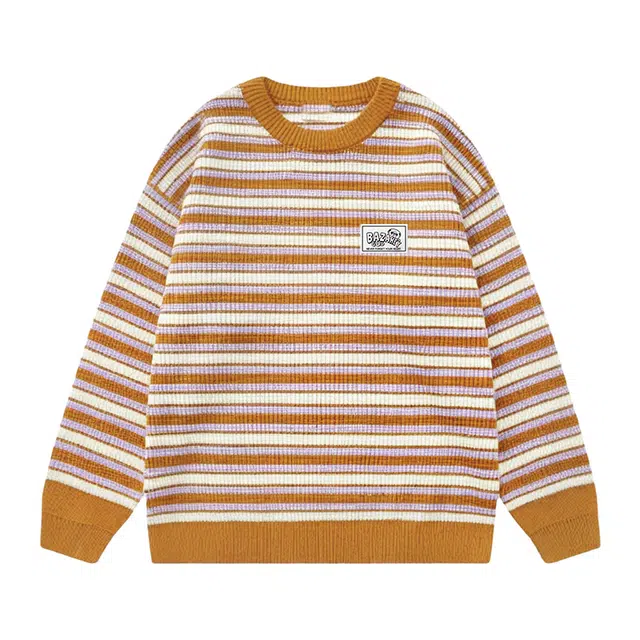 吾皇猫 慵懒风美式复古学院风无性别主义宽松内搭打底衫套头圆领舒适透气加厚保暖条纹上衣秋冬季针织休闲毛衣 男女同款