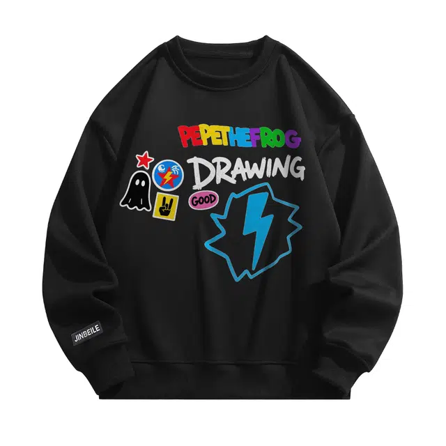 金贝勒 加绒加厚美式高街仿刺绣闪电简约字母印花学院风学生党休闲百搭潮流宽松透气舒适圆领卫衣 男女同款