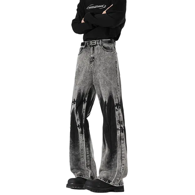 一碗士多 美式小众复古经典高街百搭做旧水洗痞帅个性时尚废土风日常渐变层次感通勤户外扎染设计阔腿直筒裤子牛仔裤 男女同款