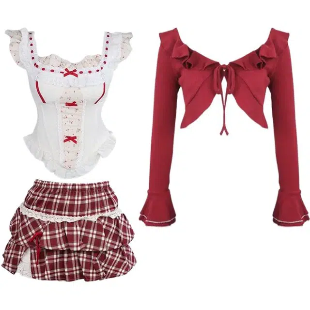 木清清 甜妹纯欲蕾丝少女开衫蝴蝶结吊带上衣格子短裙背心三件套裙装套装 女款