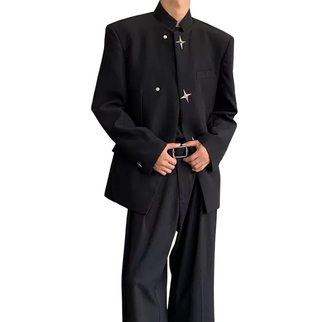 一碗士多 垫肩十字金属扣新中式中山装立领显瘦潮流百搭时尚设计感痞帅高级感国潮外套简约西装 男女同款