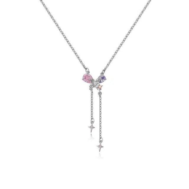 阿葱饰品 彩钻蝴蝶流苏 精致甜美浪漫梦幻少女心 个性优雅小清新气质简约百搭温柔气质氛围感#好运 合金 项链 女款