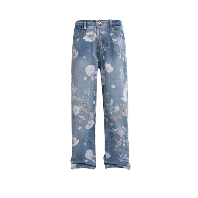 明尼凯 美式复古水洗满印印花卉设计小众高级感个性潮流痞帅舒适柔软宽松休闲直筒垂感百搭拖地中腰情侣牛仔裤 男女同款