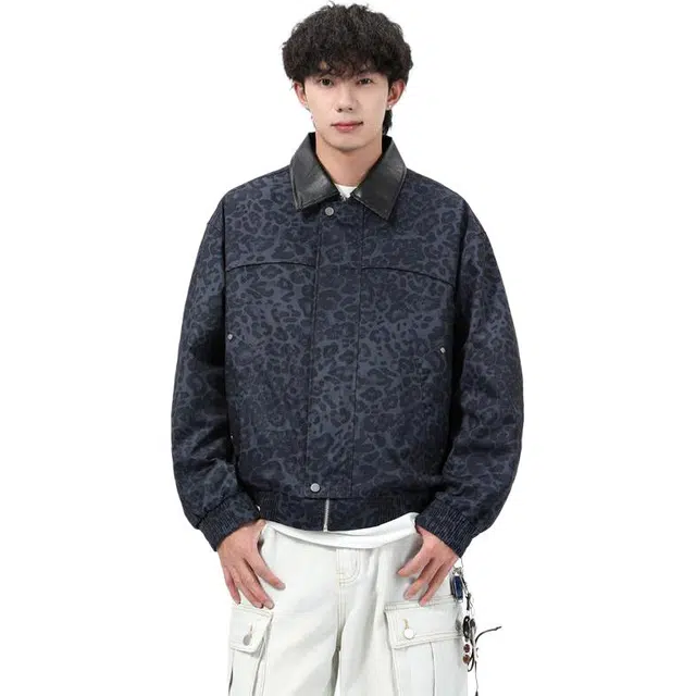 太子龍 豹纹美式高街潮牌方格设计感男春秋季夹克 男款