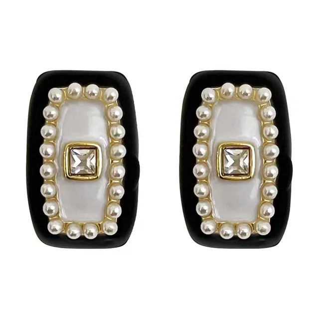 澜耀 墨白珠钻 精致感复古滴油方形 轻奢小众设计气质 铜合金 耳环 女款