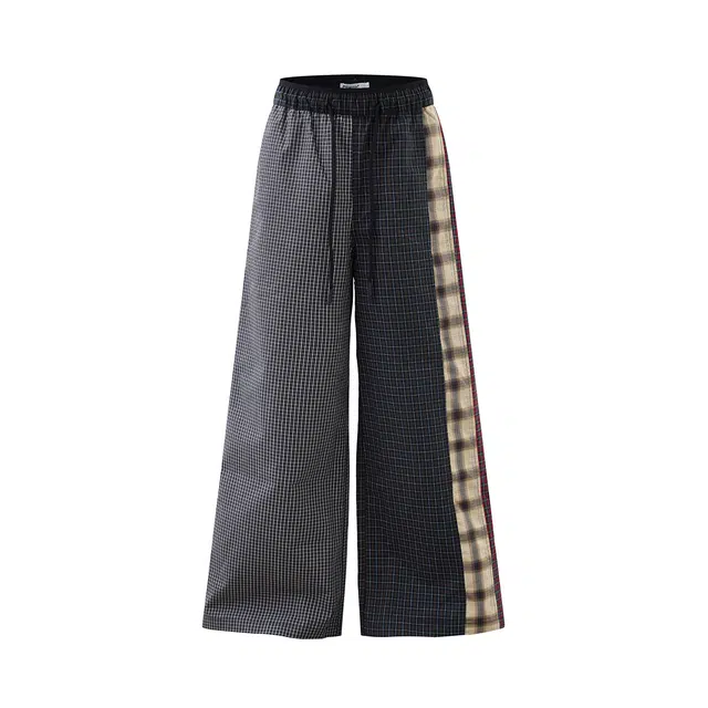 欧路得 美式不规则拼接格纹男女秋季设计感宽松阔腿裤垂感拖地长裤休闲裤 男款