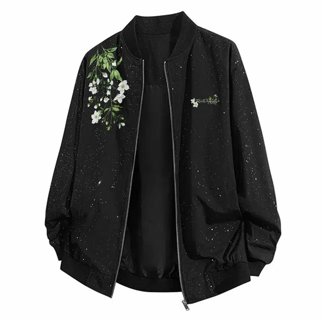 红蜻蜓 美式高街植物花卉设计感满天星纯色拉链复古数字字母印花宽松百搭舒适防风保暖休闲棒球服外套夹克 男女同款