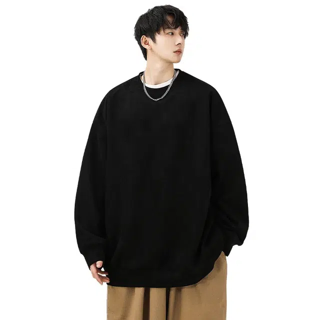 洞洞拐 麂皮绒重磅宽松大码内搭上衣服男生圆领长袖打底衫卫衣 男女同款