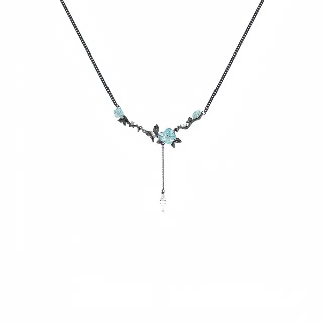 阿葱饰品 蓝色玫瑰花 嘻哈潮流新中式高街风格小众设计 甜酷时尚个性独特锁骨链 合金 项链 女款