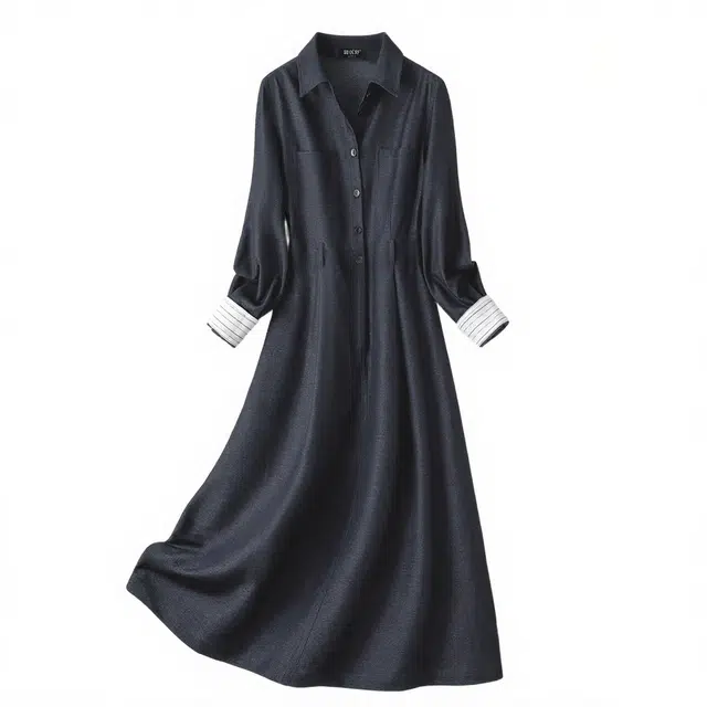 潞优野 优雅简约仿牛仔女收腰显瘦气质休闲中长款裙子秋季长袖连衣裙 女款