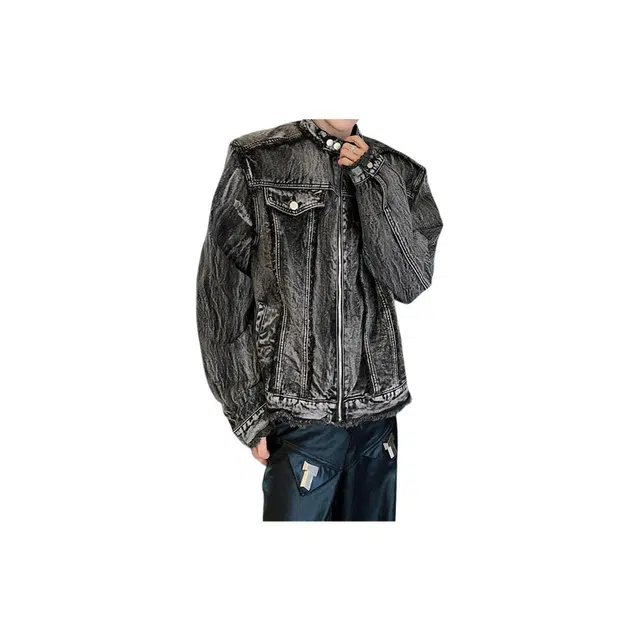 零氏 美式复古水洗高街做旧短款立领春秋垫肩夹克时尚毛边设计牛仔外套 男女同款