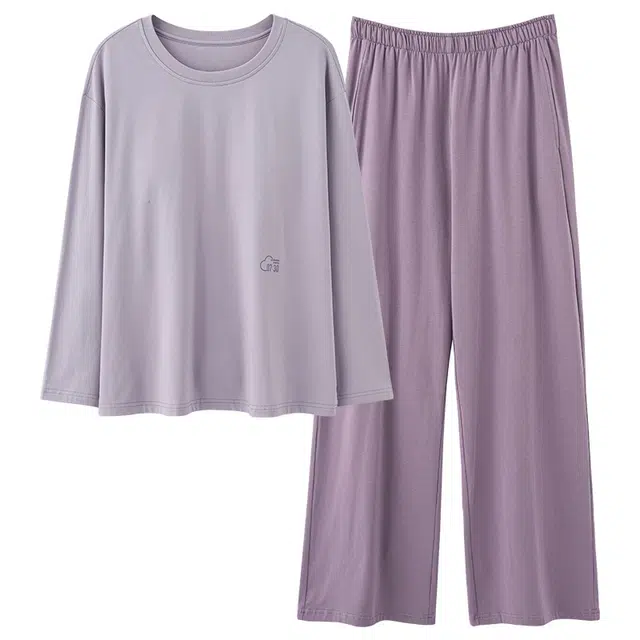 俏霓桐 春秋款简约纯色亲肤纯棉百搭舒适休闲带胸垫长袖长裤家居服可外穿睡衣套装 女款