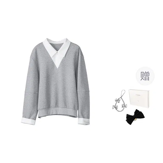 法儿家 简约拼图秋季韩系假两件拼接学院风长袖通勤卫衣 女款