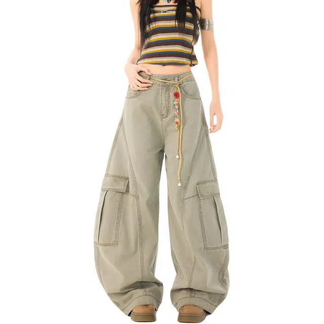 拾个壹先生 美式复古解构弯刀工装宽松阔腿休闲百搭直筒显瘦牛仔裤 男女同款