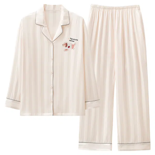 宫蝶 腊肠狗冰丝长袖家居服柔软休闲宽松简约条纹可外穿开衫睡衣套装 男女同款