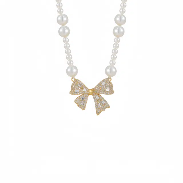 阿葱饰品 蝴蝶结珍珠锁骨链 在逃公主小清新甜美温柔时尚精致高级感颈链 轻奢小众百搭配饰告白#好运 合金 项链 女款