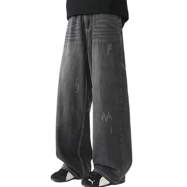 一碗士多 美式小众复古高街百搭简约经典做旧水洗设计宽松阔腿直筒裤子显高显瘦柔软细腻耐磨耐穿日常户外运动通勤牛仔裤 男女同款