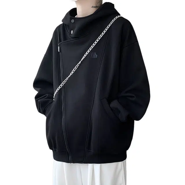 北欧攻略 美式重磅解构双拉链开衫宽松大码胖人连帽通勤百搭小众长袖卫衣 男女同款