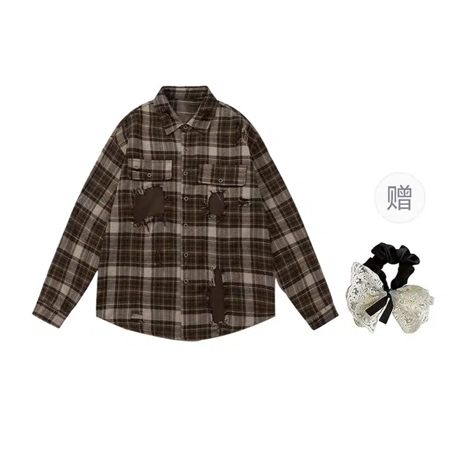 涂诗菲 大码复古美拉德情侣衬衣宽松小众设计感做破补丁格子长袖衬衫 男女同款