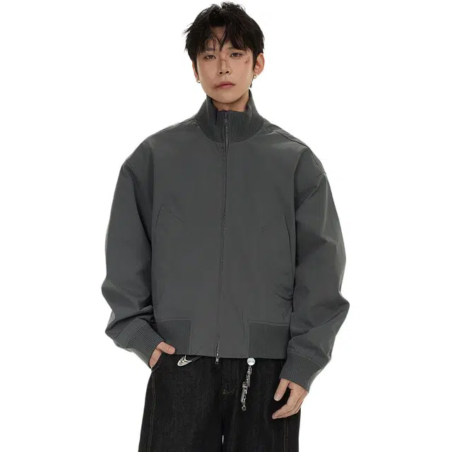 冈哉 美式复古时尚短款设计立领个性潮流潮牌慵懒感日常通勤柔软舒适亲肤机车飞行外套夹克 男女同款